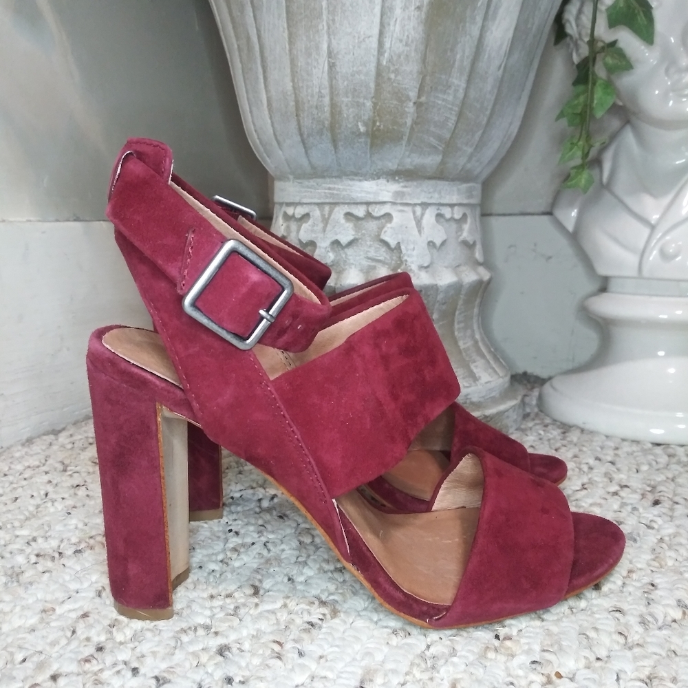 Madewell Octavia Dark Red Suede Strappy Block Heeled Ankle Strap Sandals - Picture 7 of 7